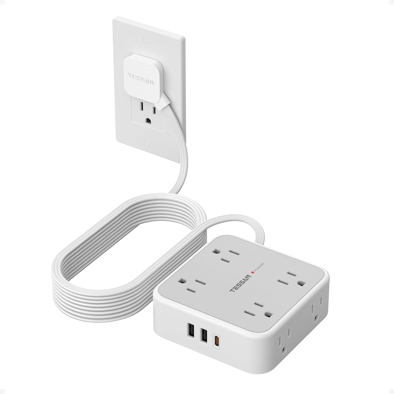 REGLETA DE PROTECCIÓN CONTRA SOBRETENSIONES TESSAN CON 8 SALIDAS Y 3 PUERTOS USB, CABLE DE 15 PIES, GRIS - 1