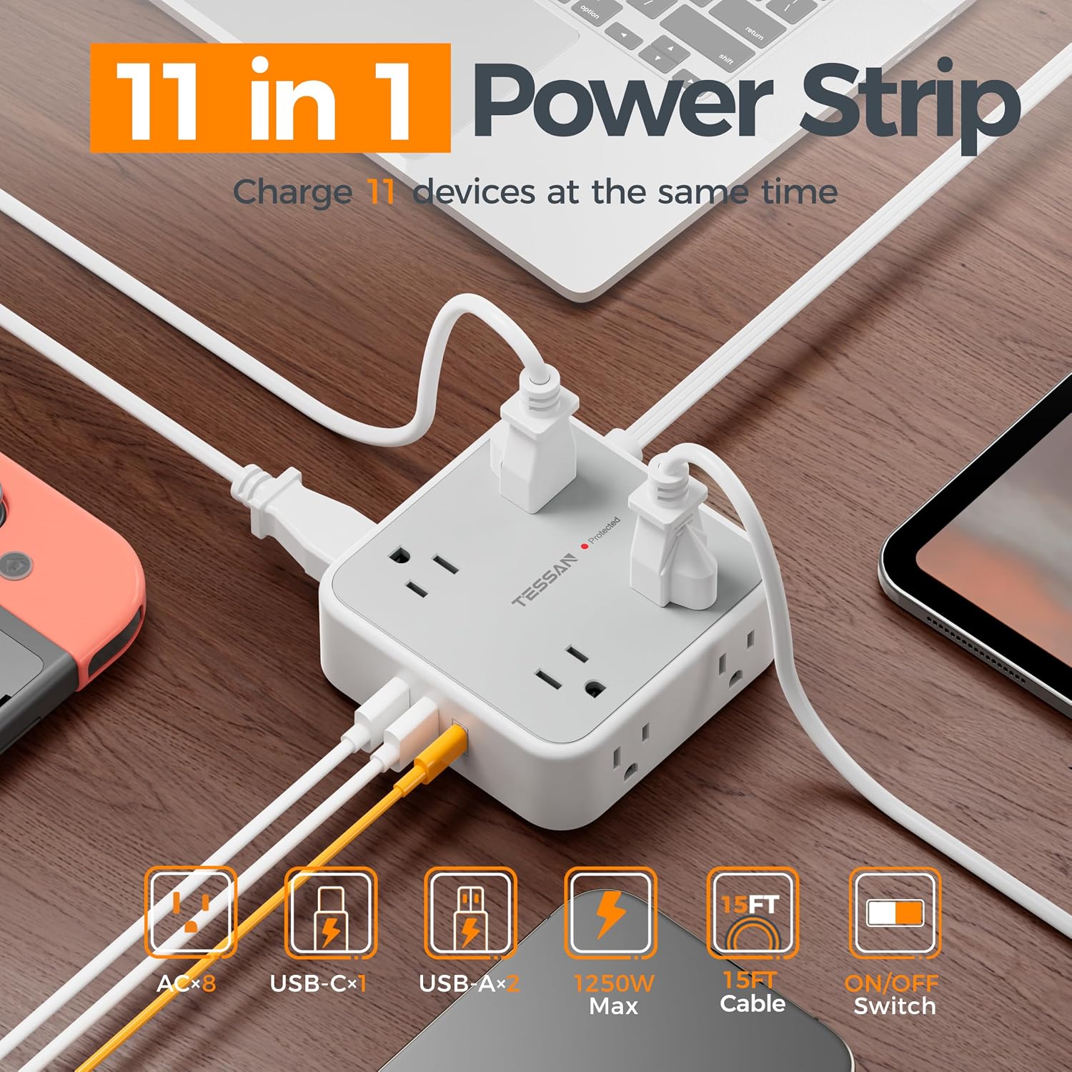 REGLETA DE PROTECCIÓN CONTRA SOBRETENSIONES TESSAN CON 8 SALIDAS Y 3 PUERTOS USB, CABLE DE 15 PIES, GRIS - 2