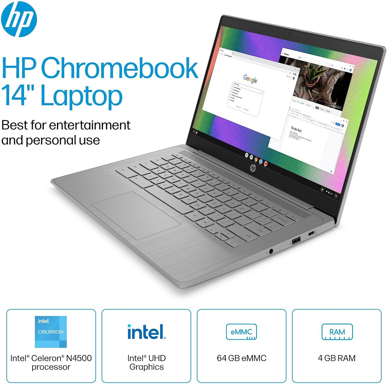 LAPTOP HP CHROMEBOOK 14 PULGADAS INTEL CELERON N4500 4GB RAM 64GB EMMC GRIS - 2