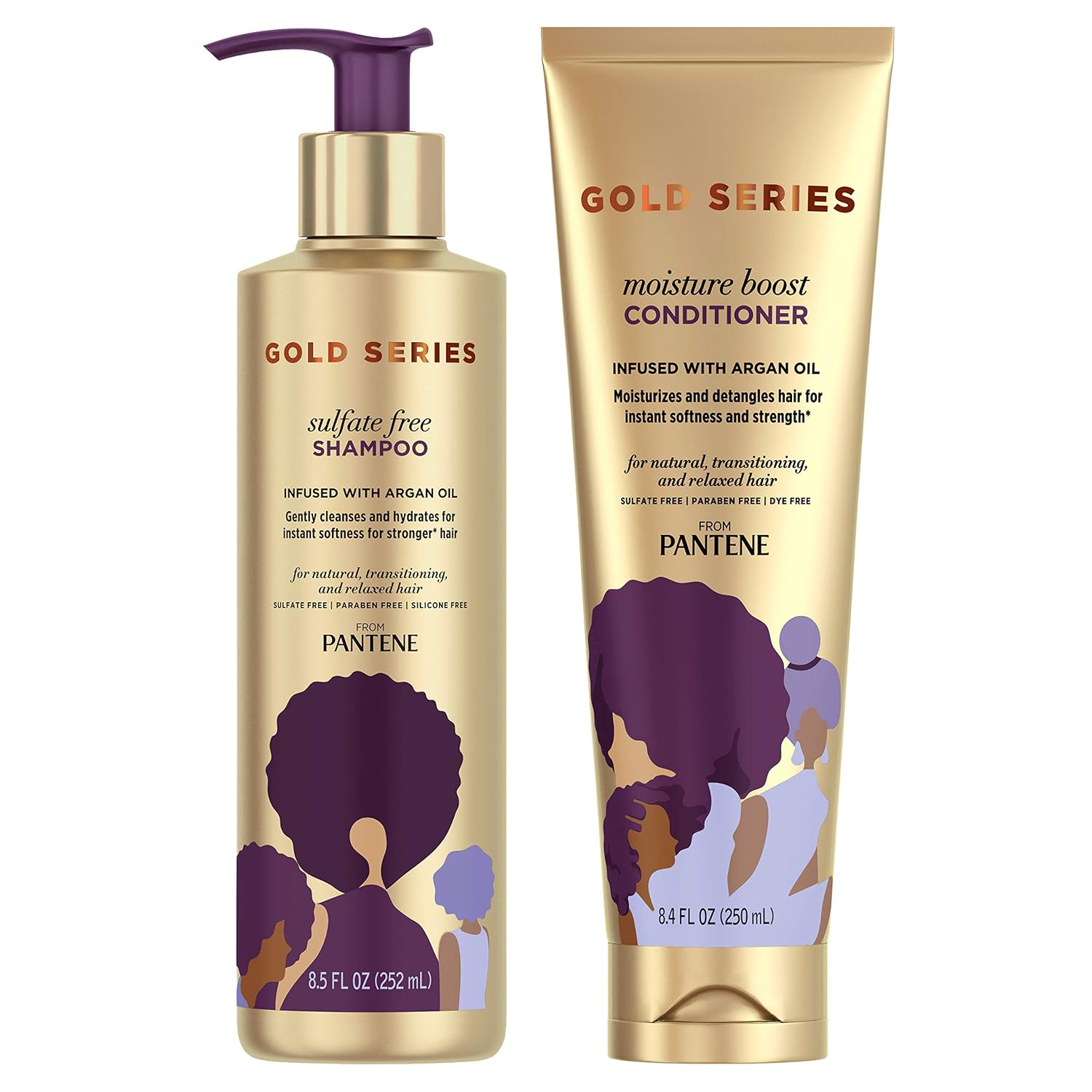 SHAMPOO Y ACONDICIONADOR PANTENE GOLD SERIES SIN SULFATOS CON ACEITE DE ARGÁN PARA CABELLO RIZADO Y TEXTURIZADO, 16.9 FL OZ - 1