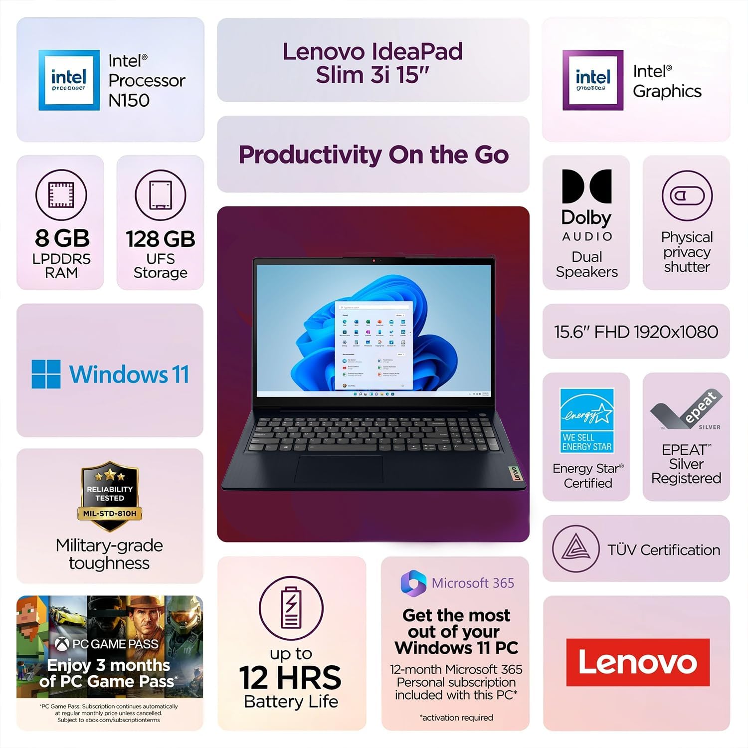 LAPTOP LENOVO IDEAPAD SLIM 3I 15.6' FHD INTEL N150 8GB DDR5 128GB SSD WINDOWS 11 AZUL ÁRTICO - 3