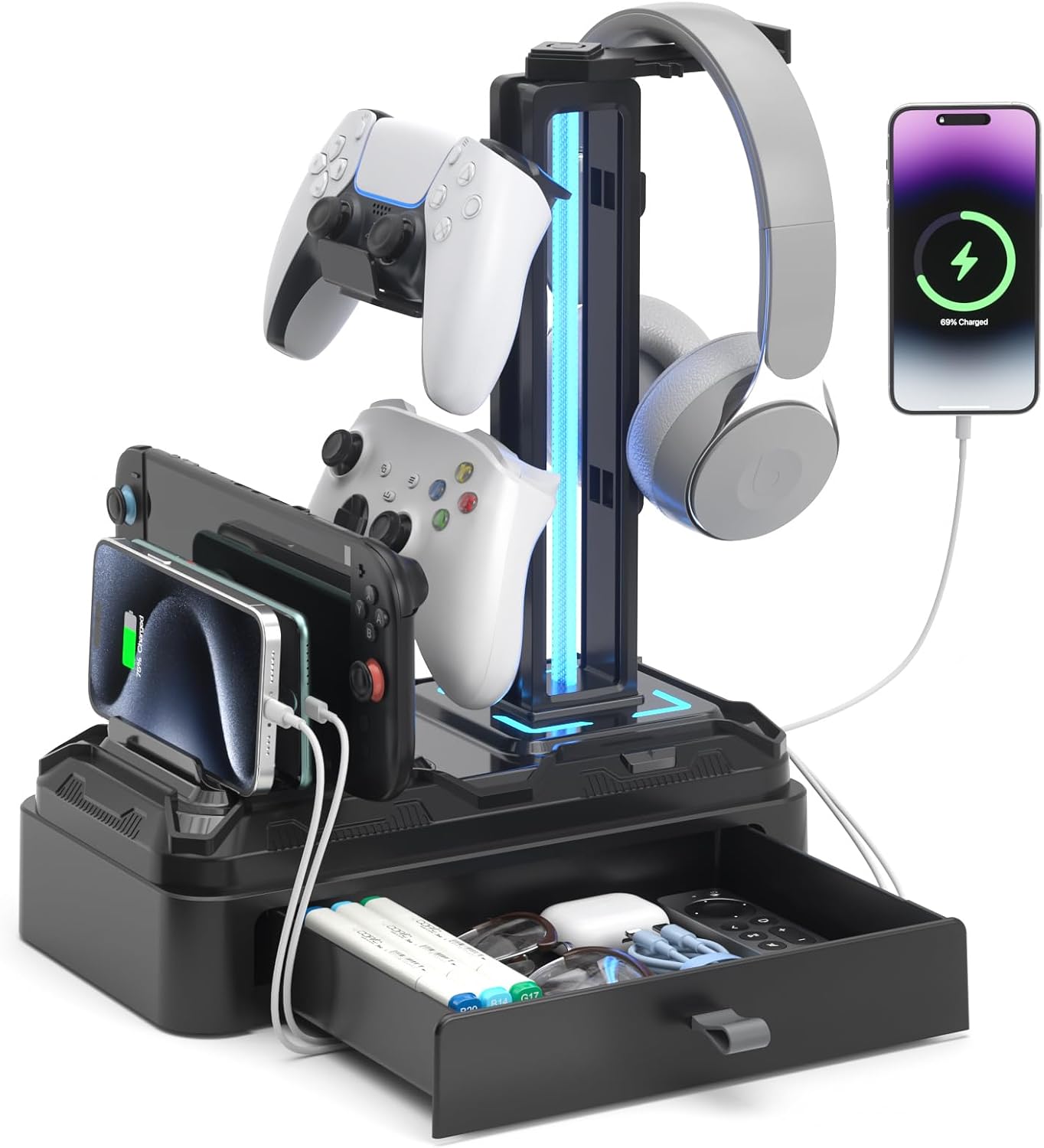 SOPORTE PARA AUDÍFONOS KDD CON PUERTOS USB A Y C, CONTROLADOR RGB Y ALMACENAMIENTO - 1