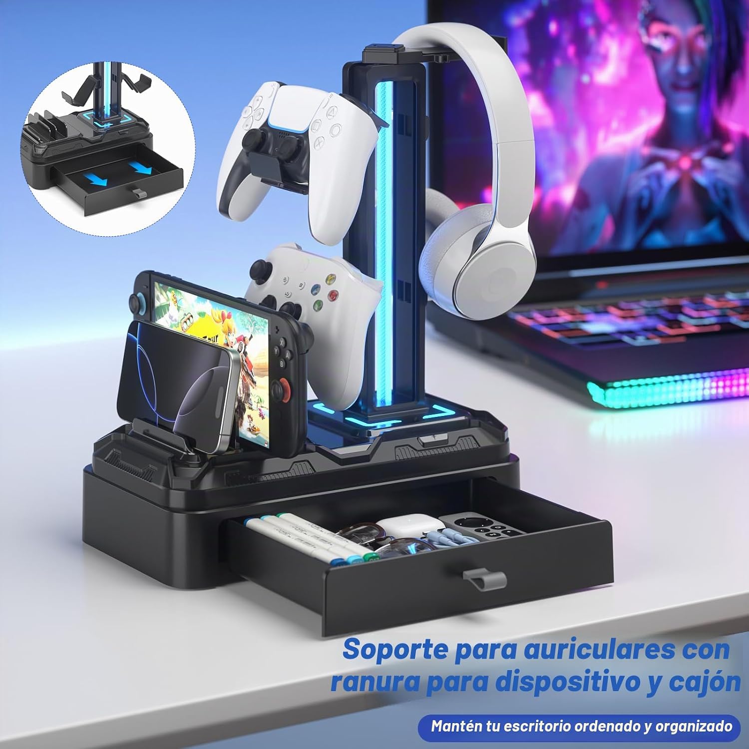 SOPORTE PARA AUDÍFONOS KDD CON PUERTOS USB A Y C, CONTROLADOR RGB Y ALMACENAMIENTO - 2