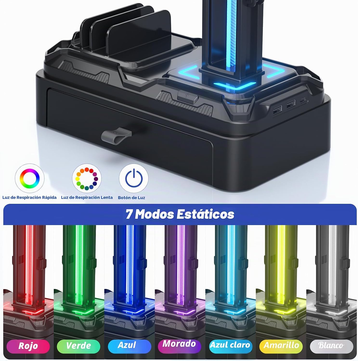 SOPORTE PARA AUDÍFONOS KDD CON PUERTOS USB A Y C, CONTROLADOR RGB Y ALMACENAMIENTO - 3