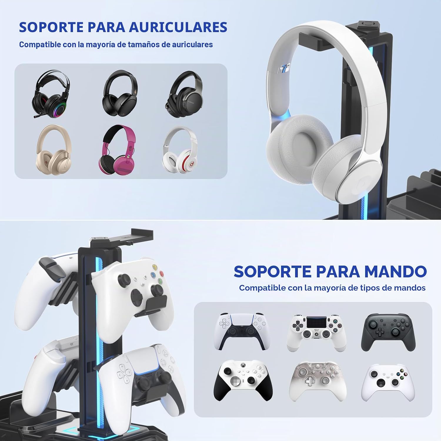 SOPORTE PARA AUDÍFONOS KDD CON PUERTOS USB A Y C, CONTROLADOR RGB Y ALMACENAMIENTO - 5