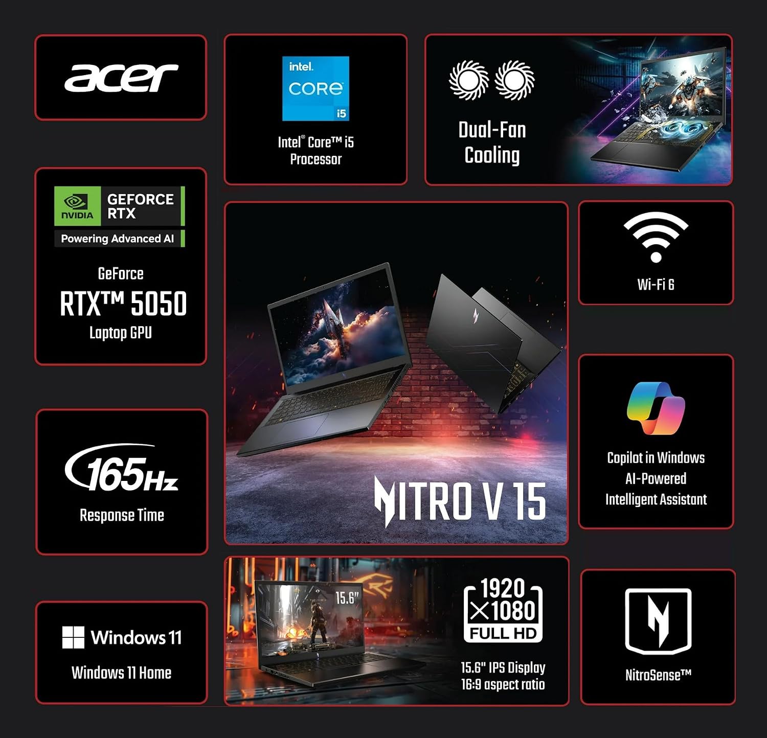 LAPTOP ACER NITRO V 15.6' FHD 165HZ INTEL CORE I5-13420H RTX 5050 32GB RAM 1TB SSD - 2