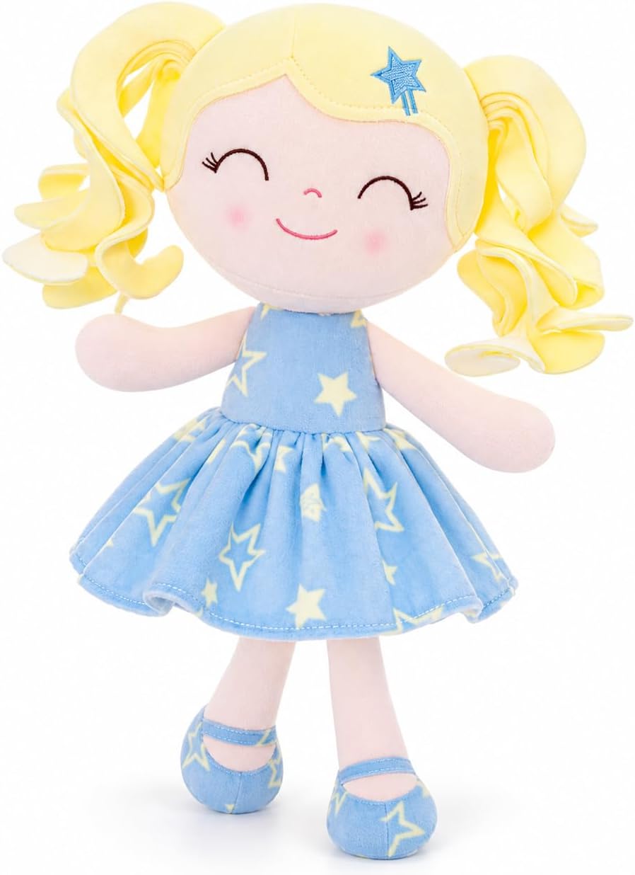 MUÑECA DE PELUCHE GLOVELEYA 30 CM CABELLO RIZADO VESTIDO AZUL CON ESTRELLAS - 1