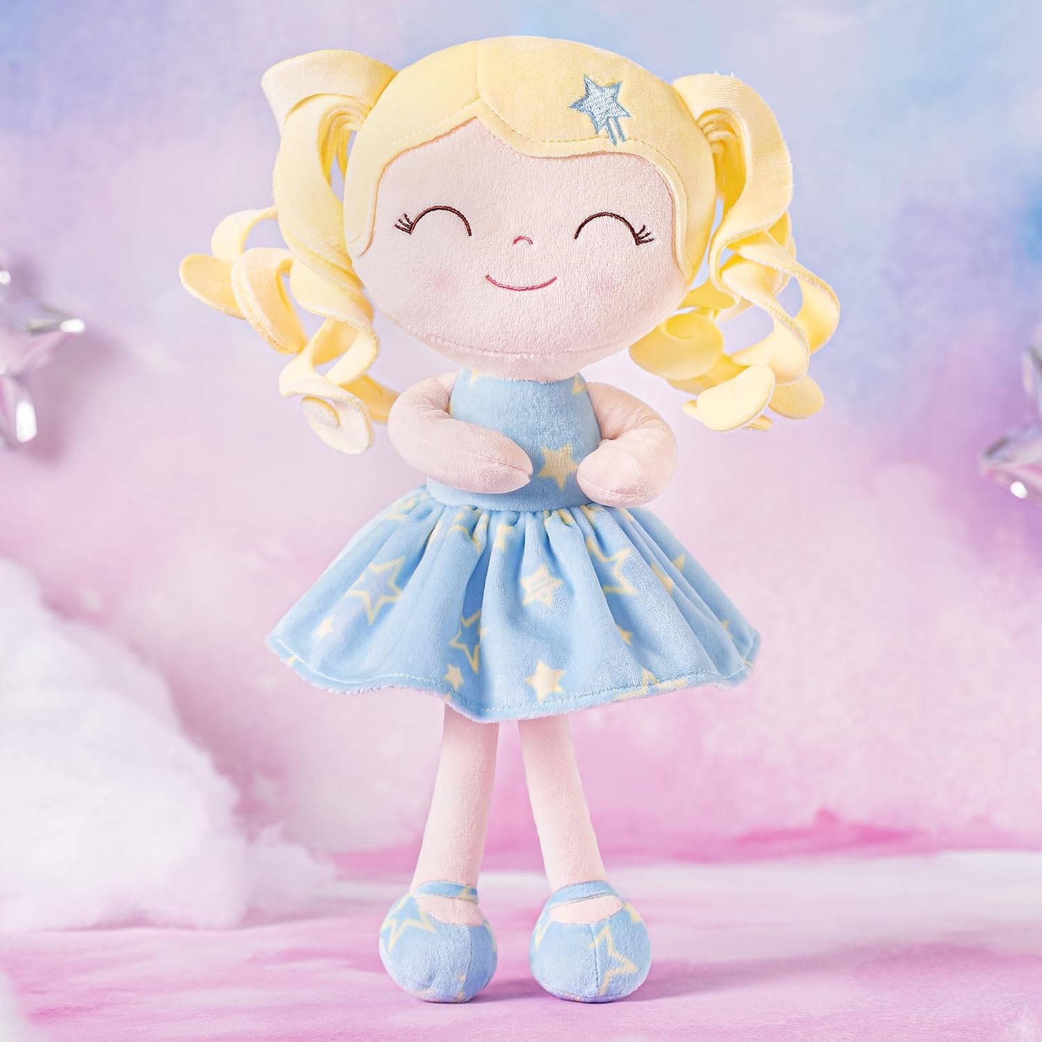 MUÑECA DE PELUCHE GLOVELEYA 30 CM CABELLO RIZADO VESTIDO AZUL CON ESTRELLAS - 2