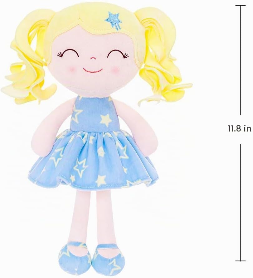 MUÑECA DE PELUCHE GLOVELEYA 30 CM CABELLO RIZADO VESTIDO AZUL CON ESTRELLAS - 3