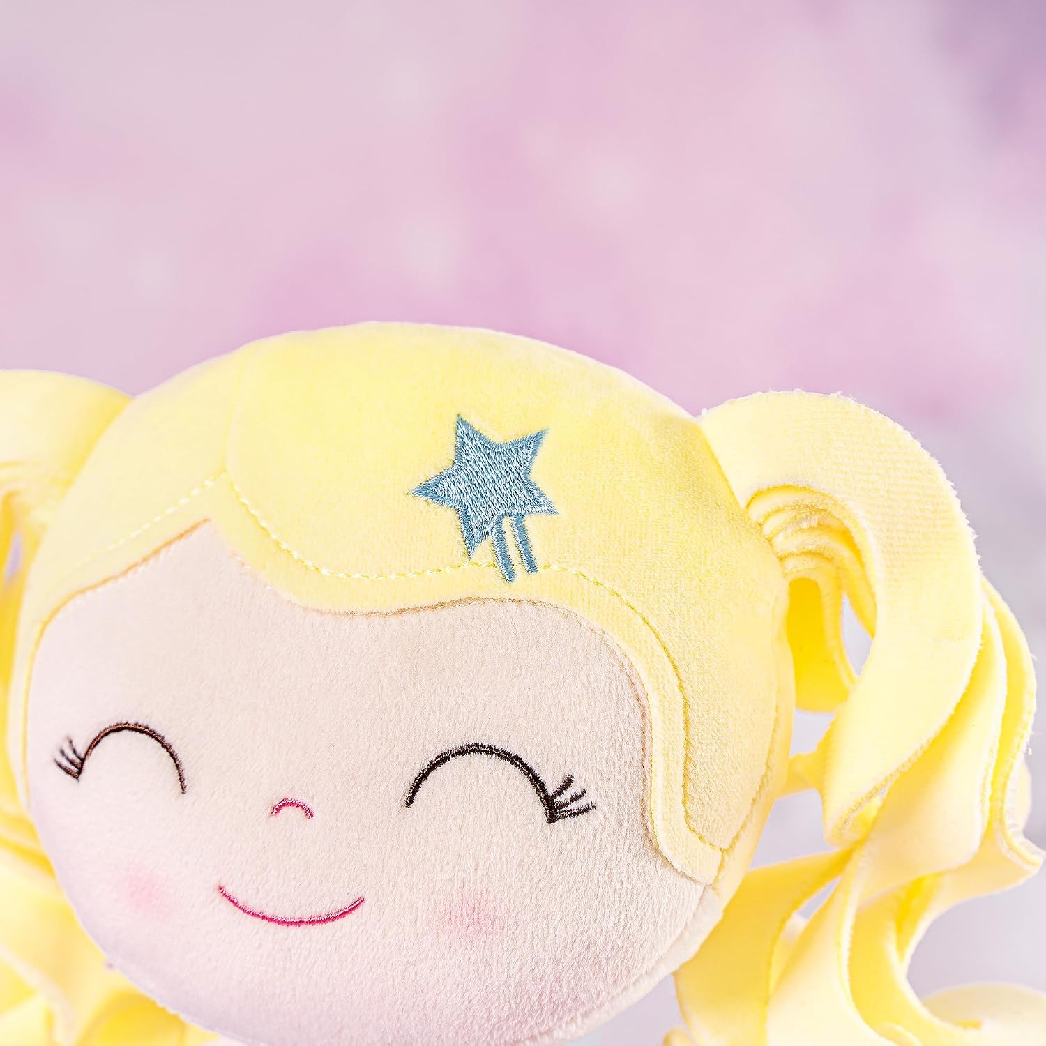 MUÑECA DE PELUCHE GLOVELEYA 30 CM CABELLO RIZADO VESTIDO AZUL CON ESTRELLAS - 4
