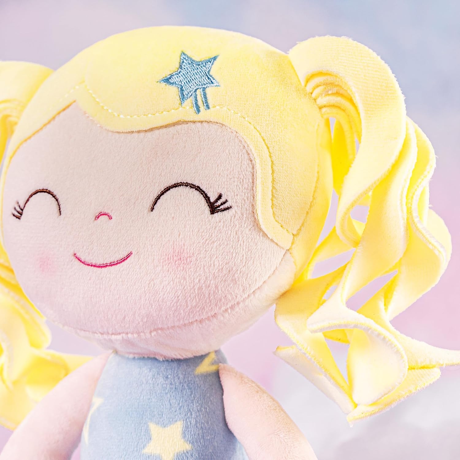 MUÑECA DE PELUCHE GLOVELEYA 30 CM CABELLO RIZADO VESTIDO AZUL CON ESTRELLAS - 5