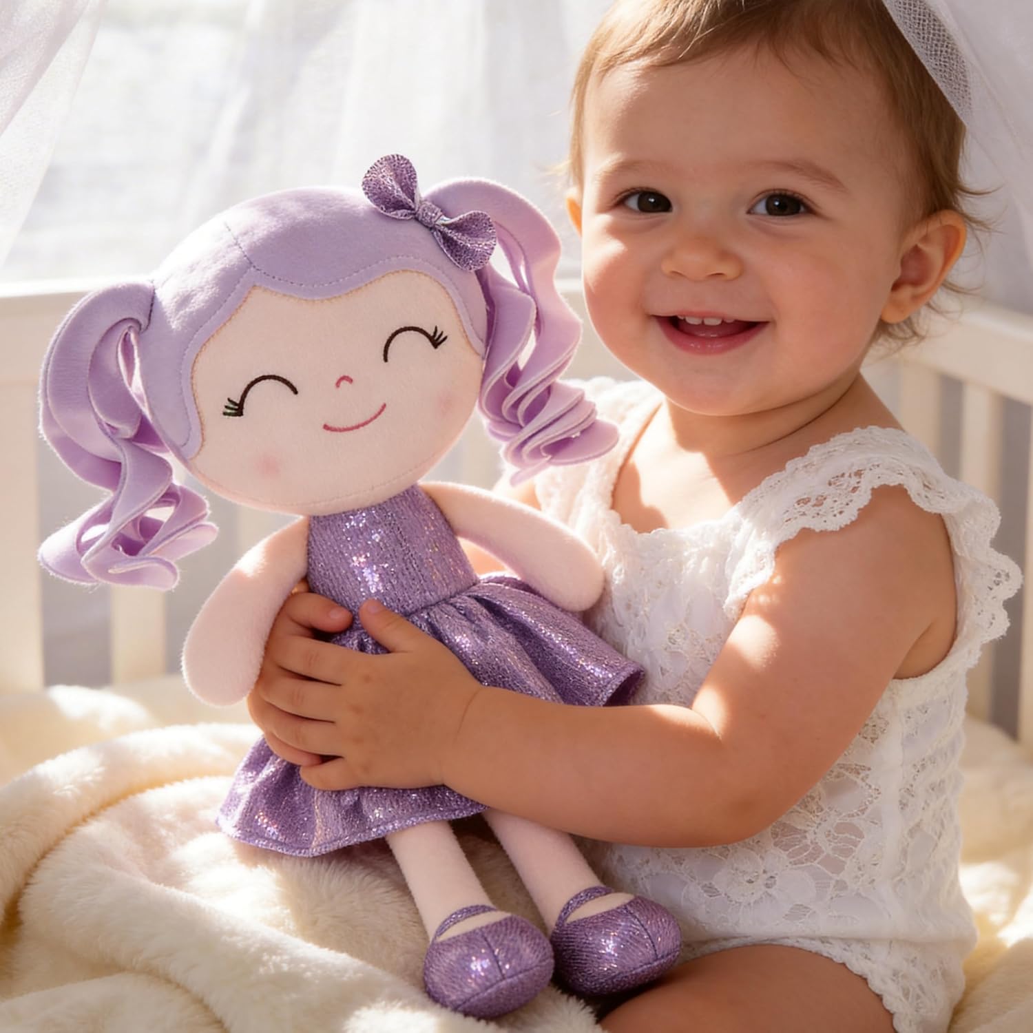 MUÑECA DE PELUCHE GLOVELEYA BEBÉ VESTIDO BRILLANTE PÚRPURA 30 CM - 4