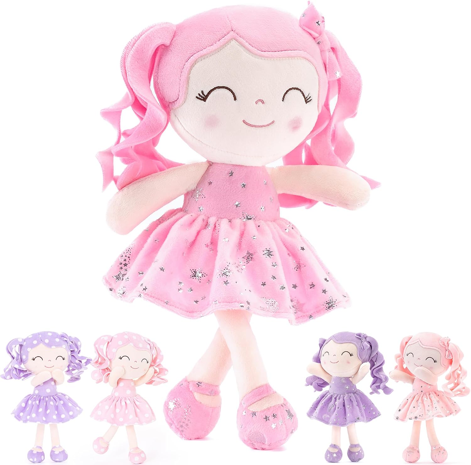 MUÑECA GLOVELEYA BEBÉ 12 PULGADAS CABELLO RIZADO VESTIDO ROSA CON ESTRELLAS - 1