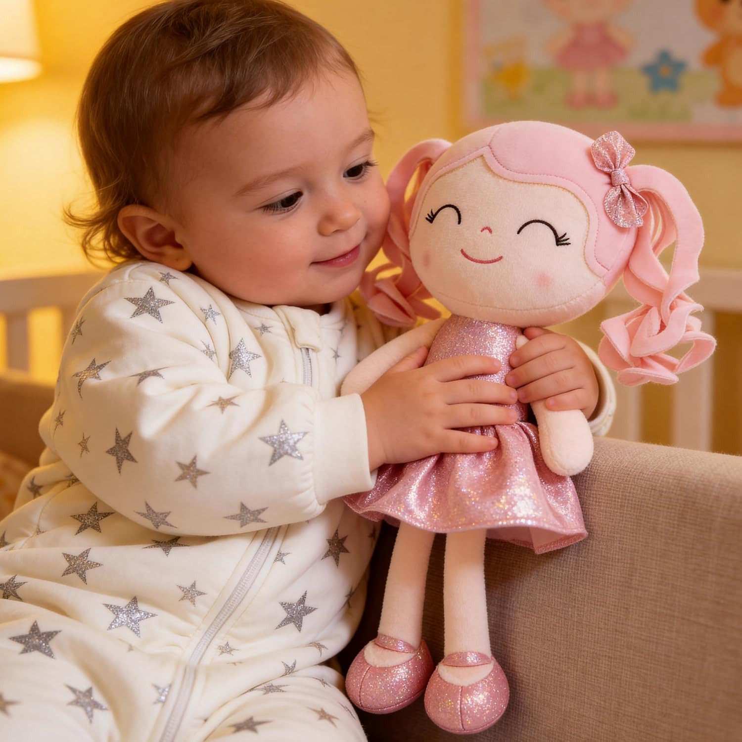 PELUCHE GLOVELEYA MUÑECA BEBÉ VESTIDO BRILLANTE ROSA 30 CM - 2