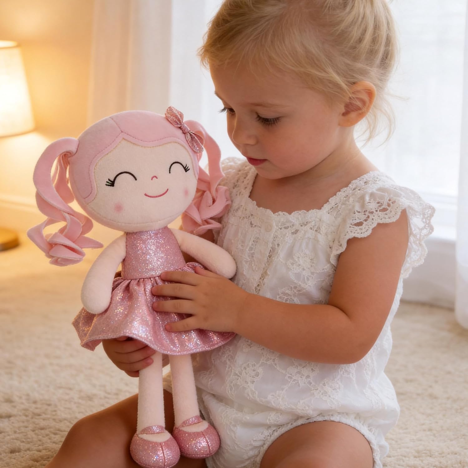 PELUCHE GLOVELEYA MUÑECA BEBÉ VESTIDO BRILLANTE ROSA 30 CM - 4