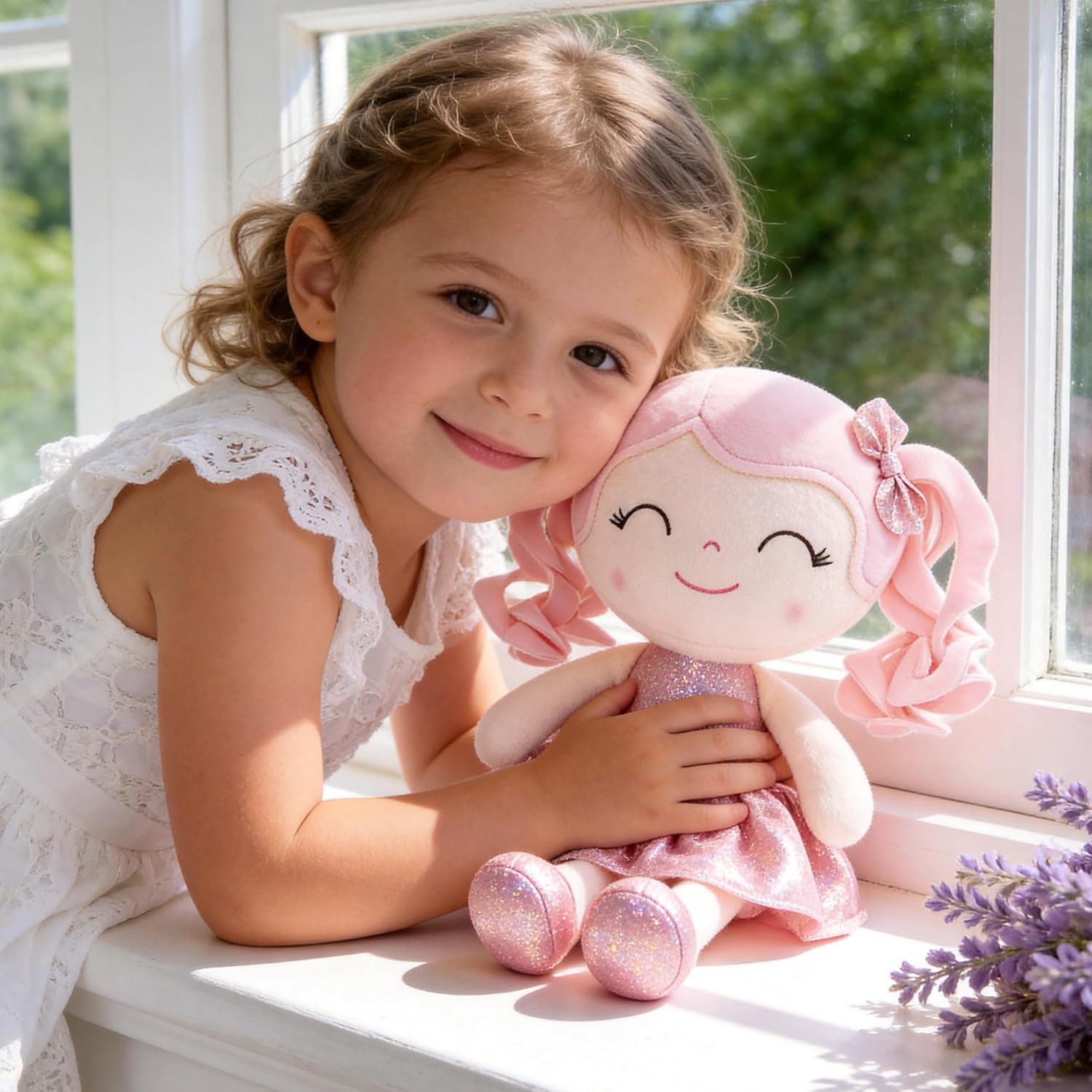 PELUCHE GLOVELEYA MUÑECA BEBÉ VESTIDO BRILLANTE ROSA 30 CM - 5