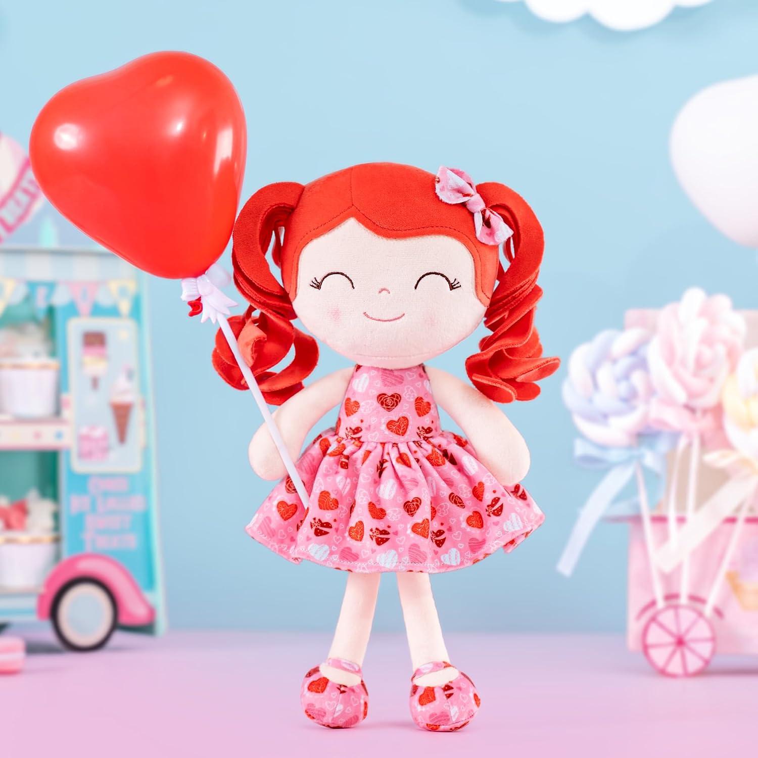 MUÑECA DE PELUCHE GLOVELEYA CABELLO RIZADO ROJO VESTIDO CORAZÓN 12 PULGADAS - 2
