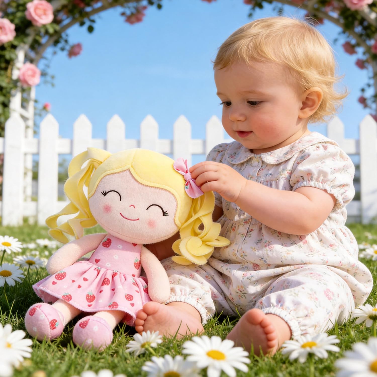 MUÑECA GLOVELEYA BABY DOLLS SOFT SNUGGLY SERIE FRUTAS VESTIDO FRESA 30 CM - 4