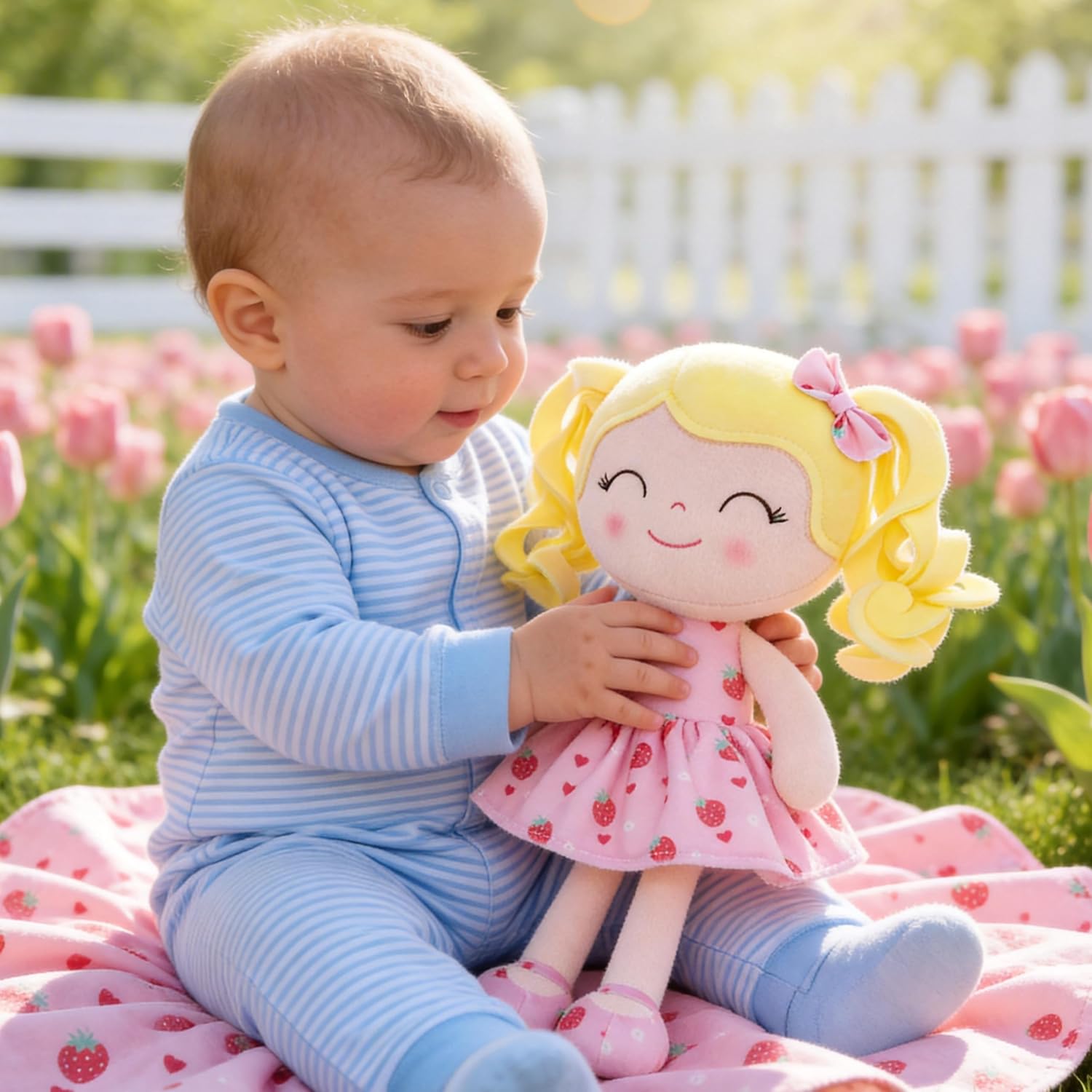 MUÑECA GLOVELEYA BABY DOLLS SOFT SNUGGLY SERIE FRUTAS VESTIDO FRESA 30 CM - 5