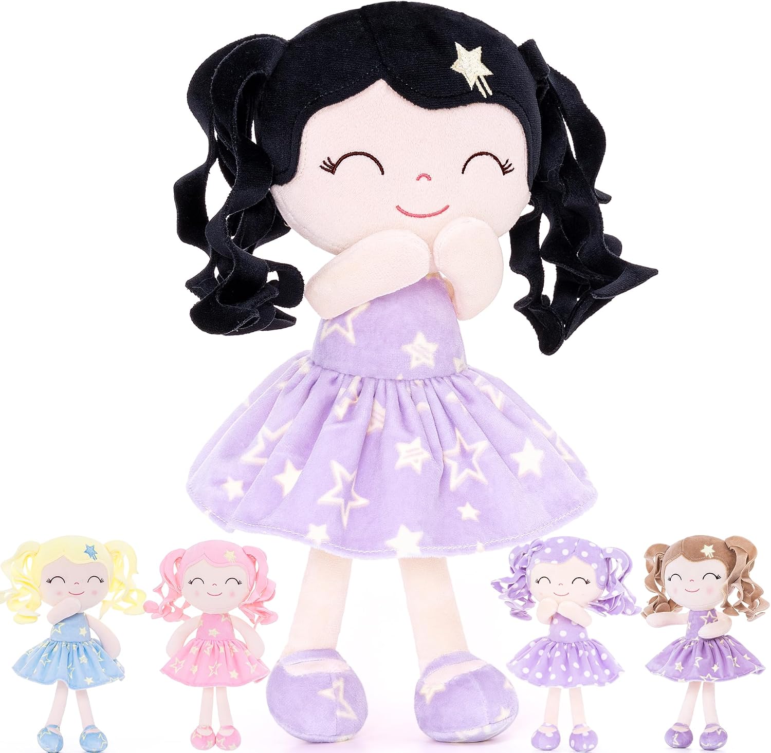 MUÑECA GLOVELEYA BEBÉ CABELLO NEGRO VESTIDO PÚRPURA CON ESTRELLAS 12 PULGADAS - 1