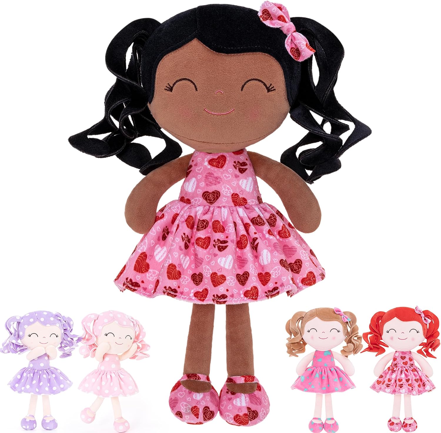 MUÑECA GLOVELEYA BEBÉ CABELLO RIZADO NEGRO VESTIDO ROSA CORAZONES 30 CM - 1