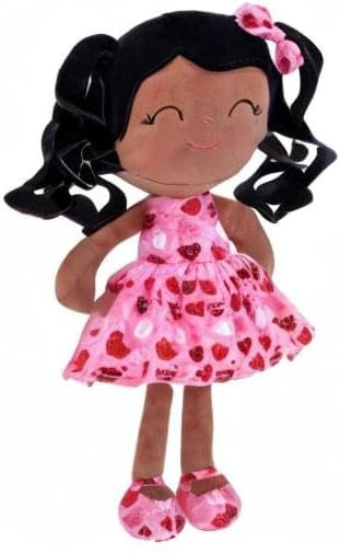 MUÑECA GLOVELEYA BEBÉ CABELLO RIZADO NEGRO VESTIDO ROSA CORAZONES 30 CM - 2