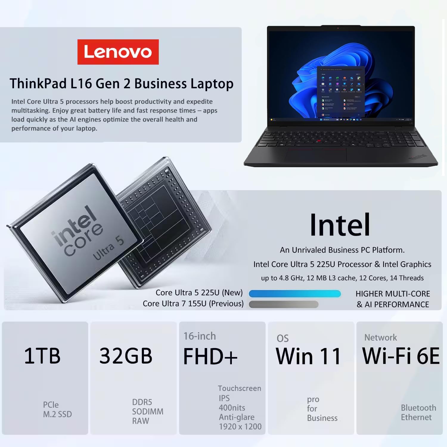 LAPTOP LENOVO THINKPAD L16 GEN 2 16' FHD+ TOUCHSCREEN INTEL CORE ULTRA 5 32GB DDR5 1TB SSD WINDOWS 11 PRO - 2