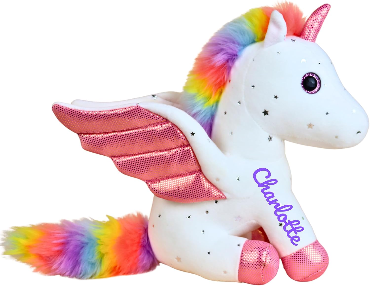 PELUCHE UNICORNIO PERSONALIZADO CON CRIN ARCOÍRIS Y ALAS ROSA 12 PULGADAS - 1