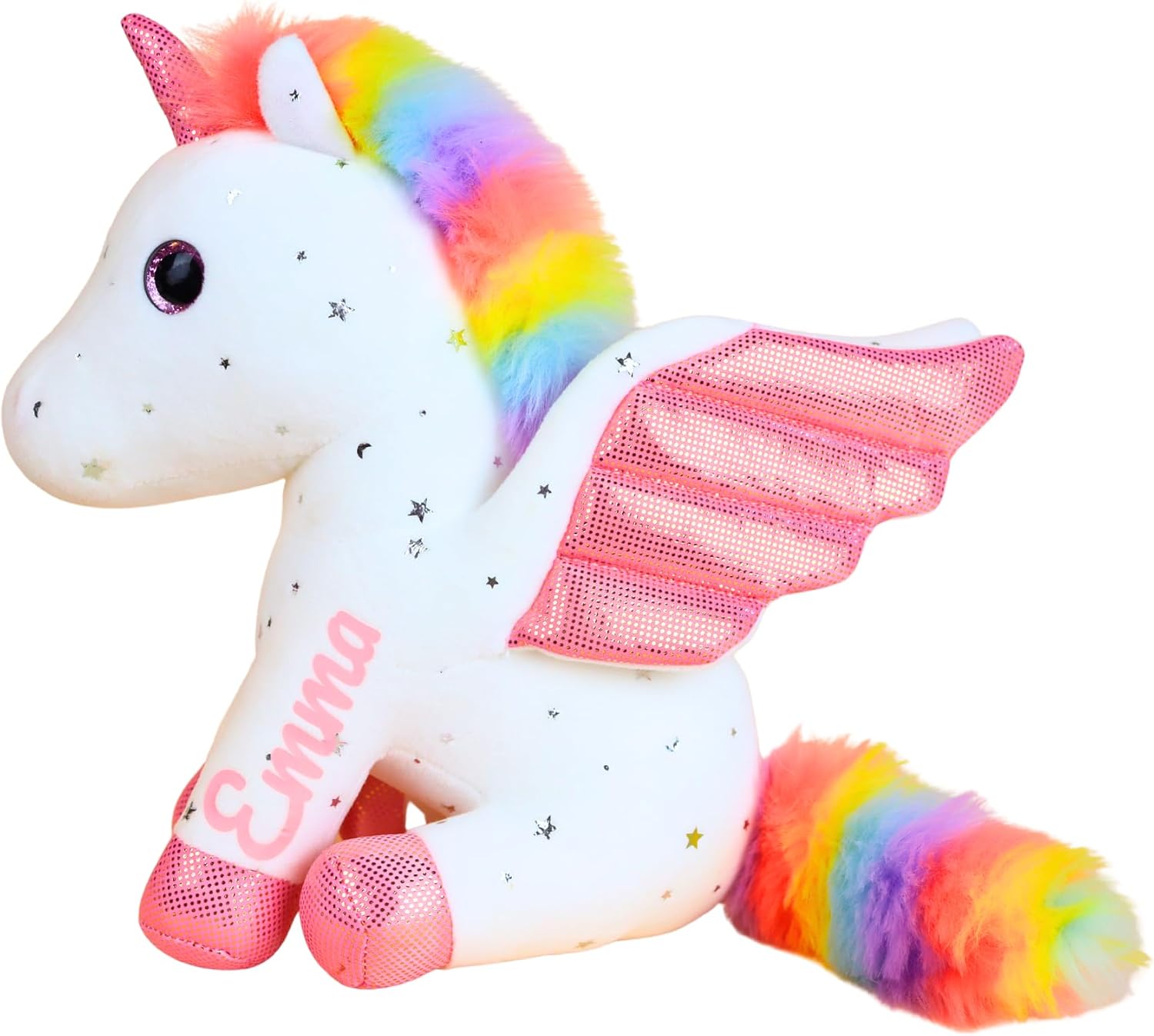PELUCHE UNICORNIO PERSONALIZADO CON CRIN ARCOÍRIS Y ALAS ROSA 12 PULGADAS - 2