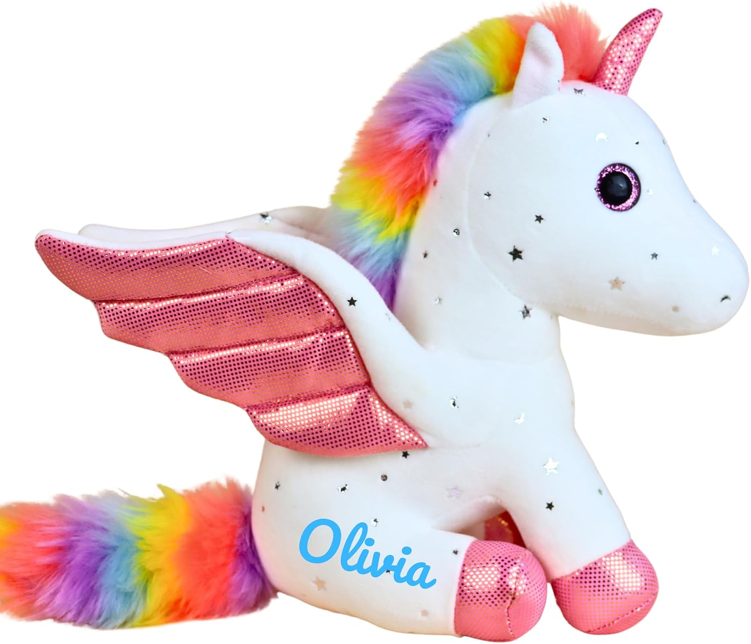 PELUCHE UNICORNIO PERSONALIZADO CON CRIN ARCOÍRIS Y ALAS ROSA 12 PULGADAS - 3