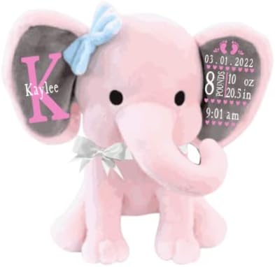 PELUCHE ELEFANTE PERSONALIZADO CON DATOS DE NACIMIENTO ROSA Y GRIS - 1