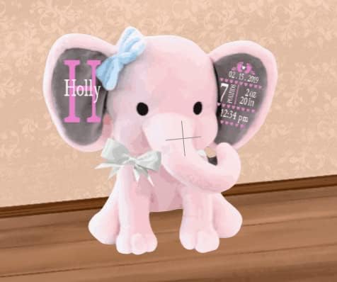 PELUCHE ELEFANTE PERSONALIZADO CON DATOS DE NACIMIENTO ROSA Y GRIS - 2