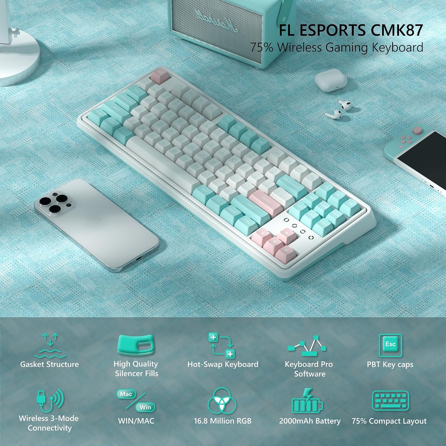 TECLADO MECÁNICO GAMING 75% FL ESPORTS INALÁMBRICO BLANCO CON SWITCHES HOT-SWAP - 2