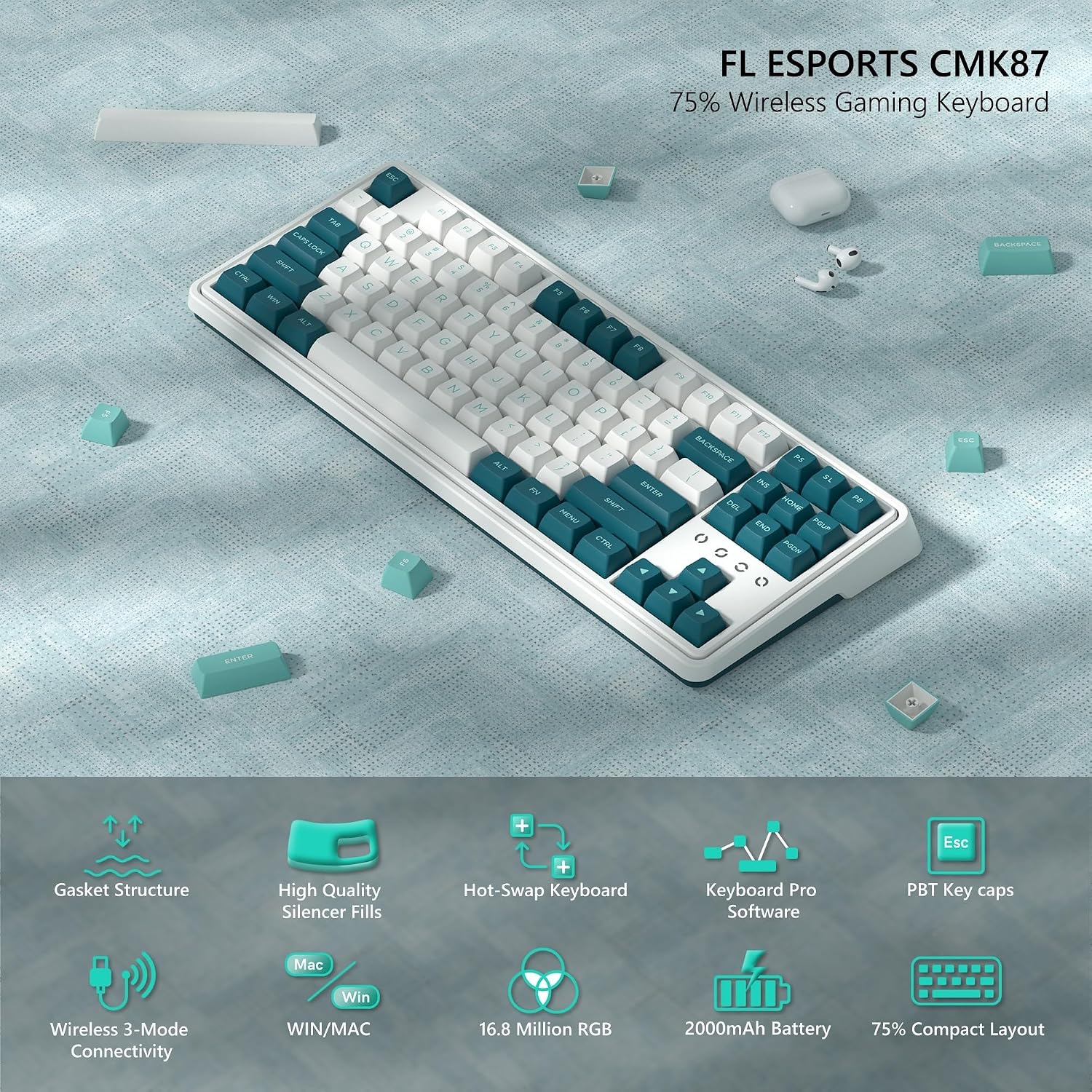 TECLADO GAMER MECÁNICO 75% INALÁMBRICO FL ESPORTS CMK87 VERDE - 2