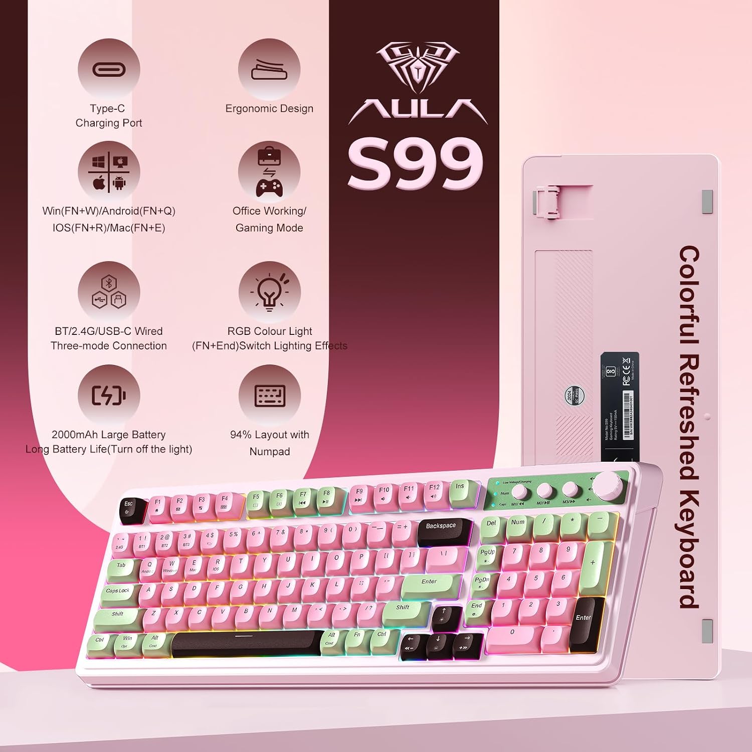 TECLADO GAMER AULA S99 INALÁMBRICO MEMBRANA RGB CREMA - 2