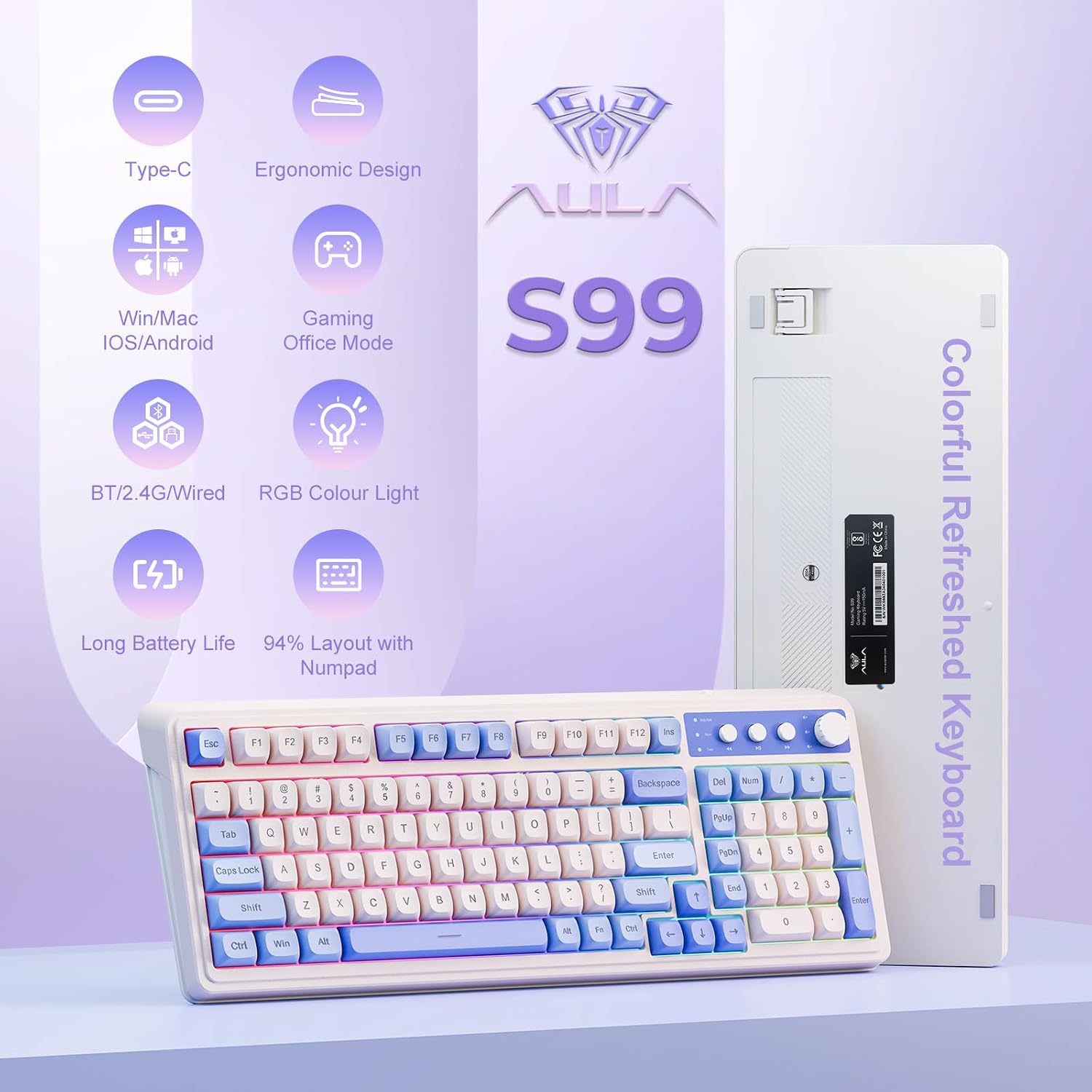 TECLADO GAMER AULA S99 WIRELESS BLUETOOTH 99 TECLAS RGB PÚRPURA DEGRADADO - 2