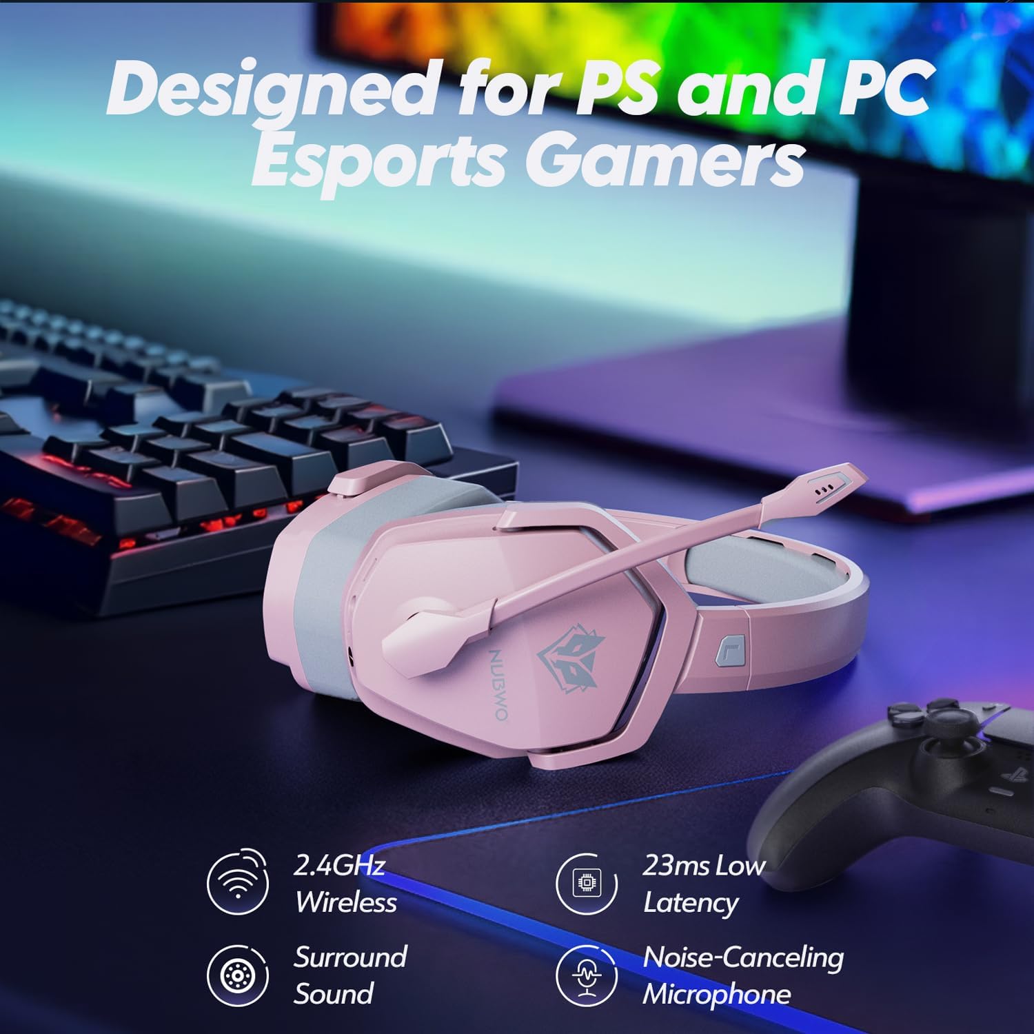 HEADSET NUBWO G06 DUAL WIRELESS GAMING PARA PS5, PS4, PC, MOBILE, SWITCH ROSA - 2