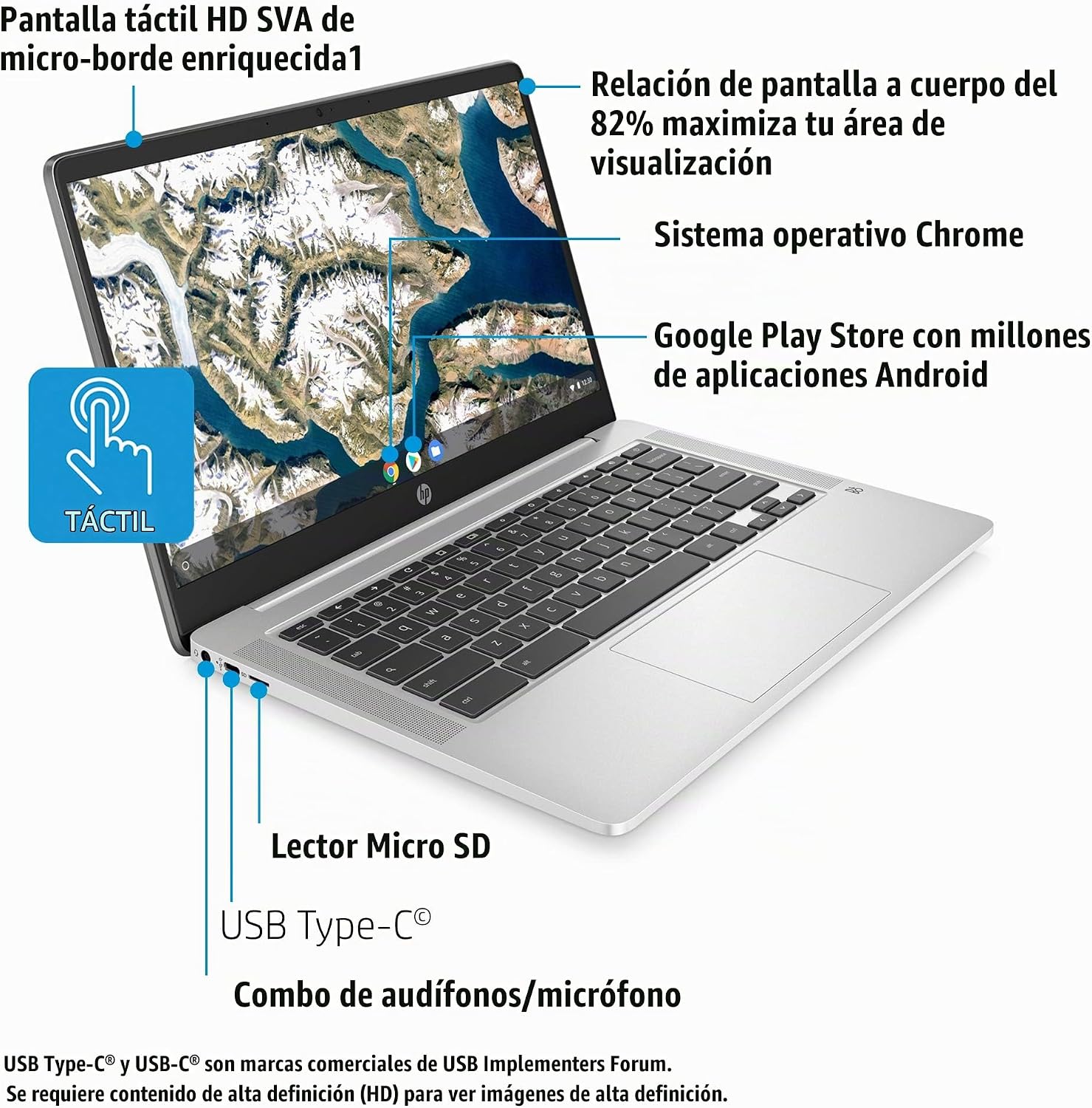 LAPTOP HP CHROMEBOOK 14 PULGADAS HD TOUCHSCREEN INTEL CELERON N4000 4GB RAM 32GB EMMC MINERAL SILVER - 2