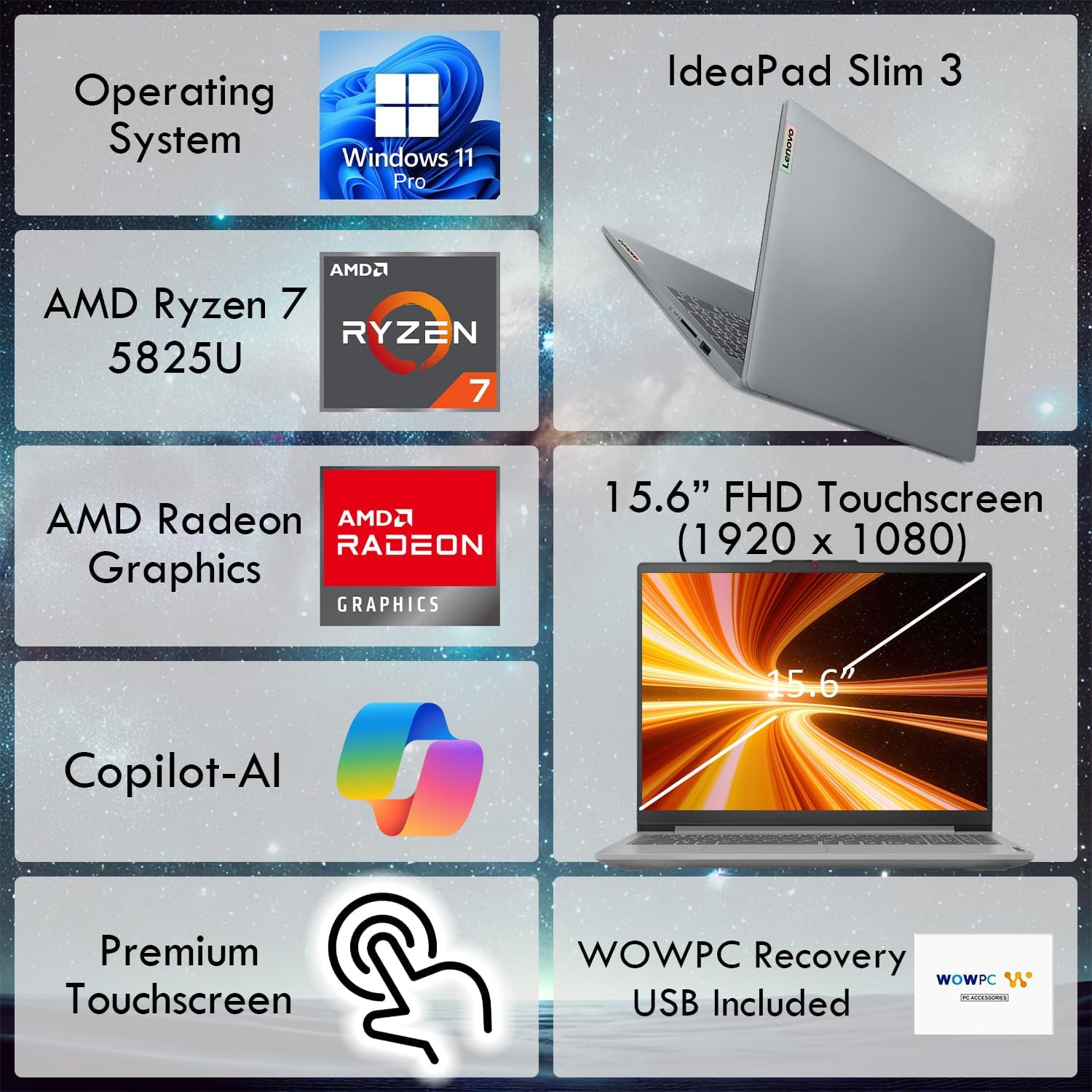 LAPTOP LENOVO SLIM 3 TOUCHSCREEN 15.6' AMD RYZEN 7 5825U 16GB RAM 1TB SSD - 2