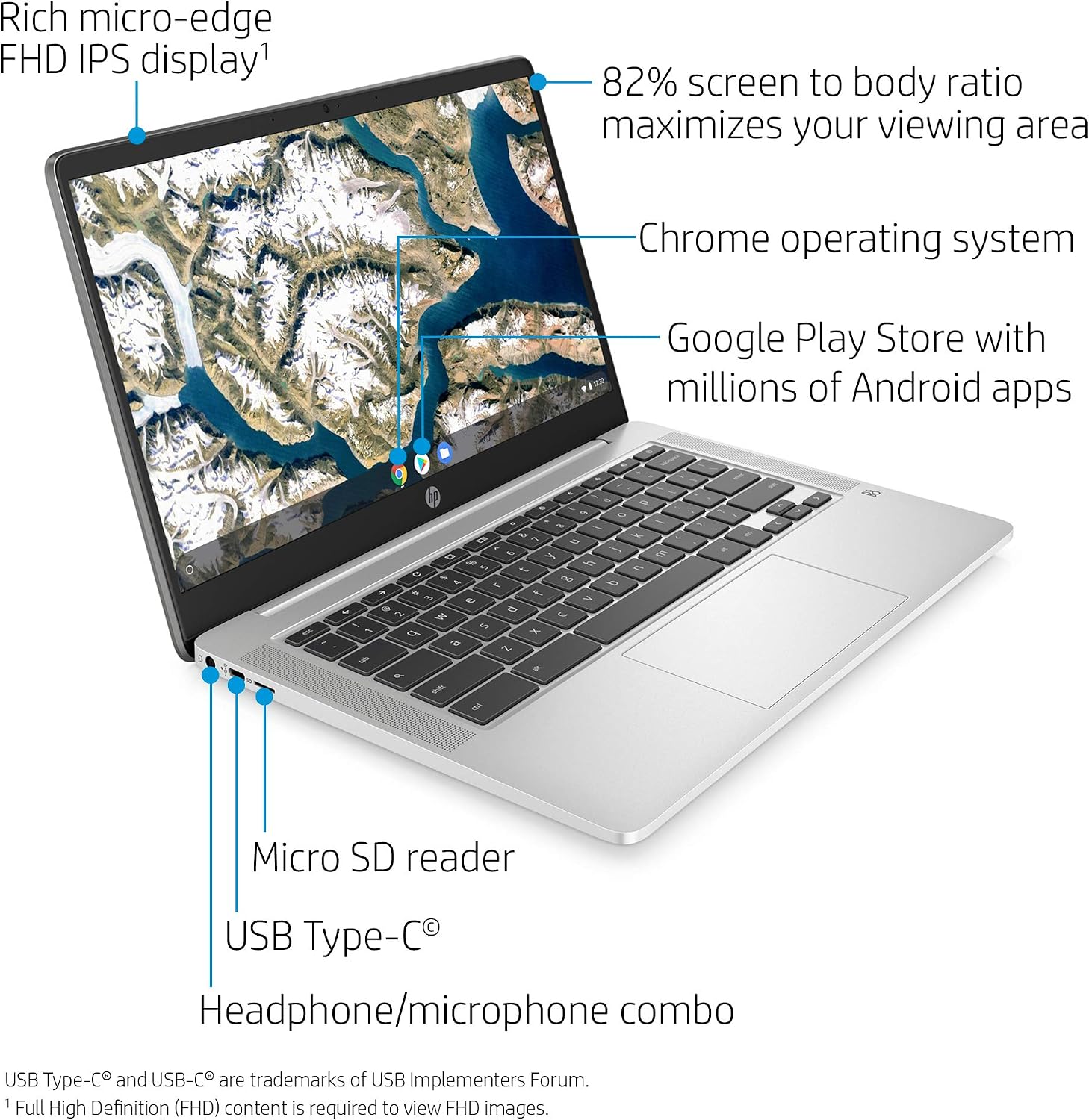 LAPTOP HP CHROMEBOOK 14 PULGADAS FHD INTEL CELERON N4000 4GB RAM 32GB EMMC MINERAL SILVER - 2