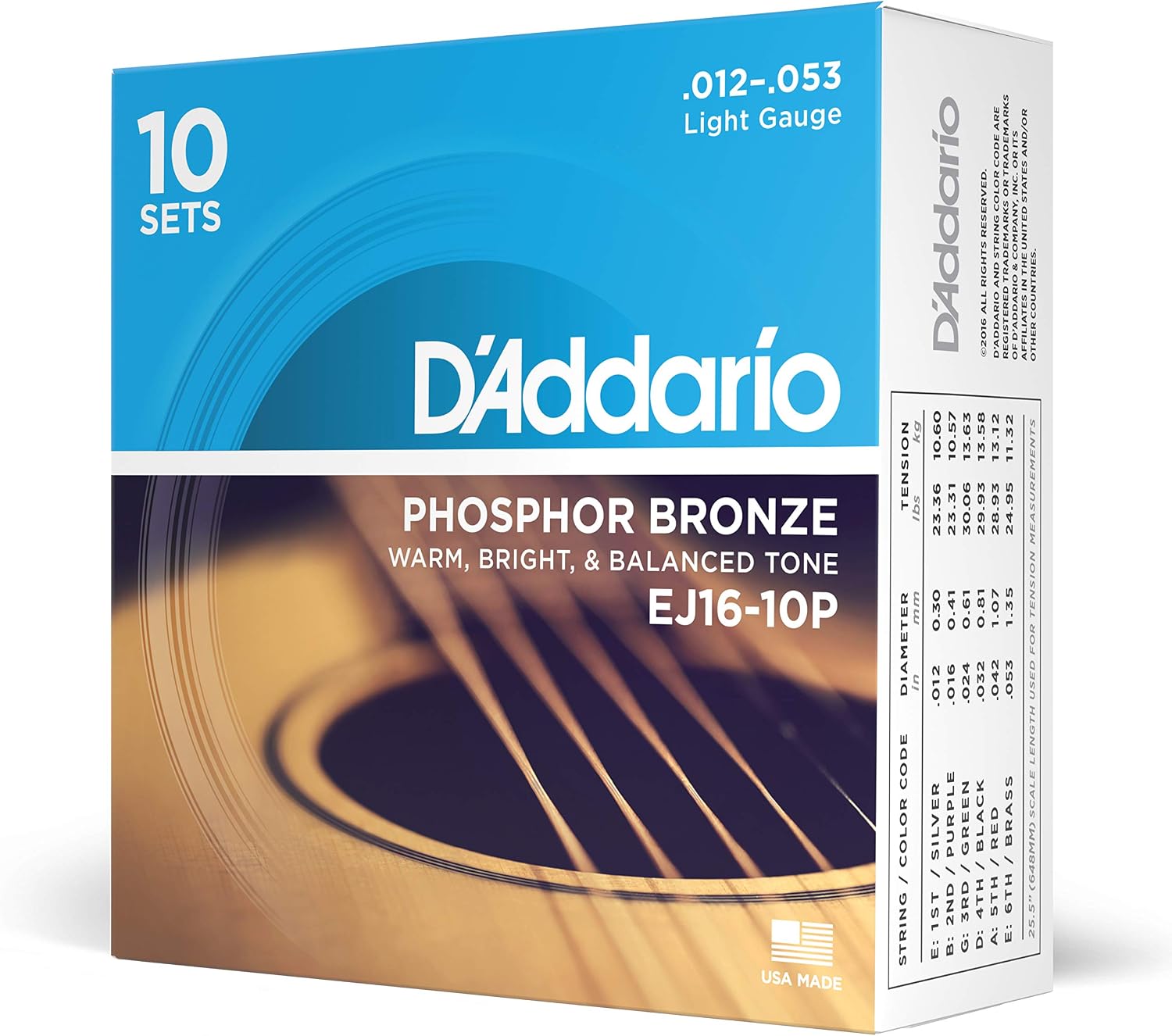 JUEGO DE CUERDAS PARA GUITARRA ACÚSTICA D'ADDARIO EJ16-10P PHOSPHOR BRONZE 12-53, 10 SETS - 1