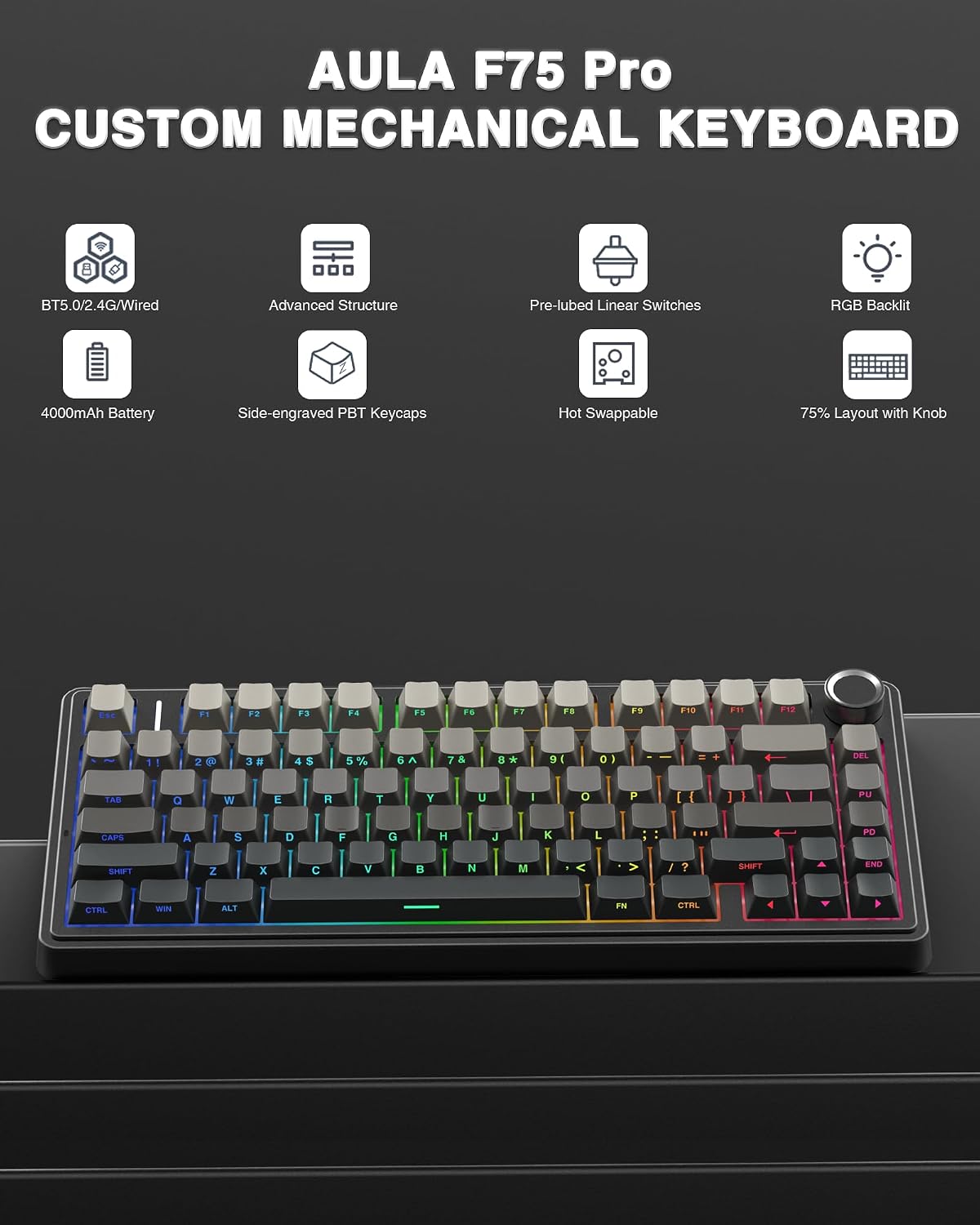 TECLADO MECÁNICO AULA F75 PRO INALÁMBRICO 75% RGB CON PERILLA DE CONTROL - 2