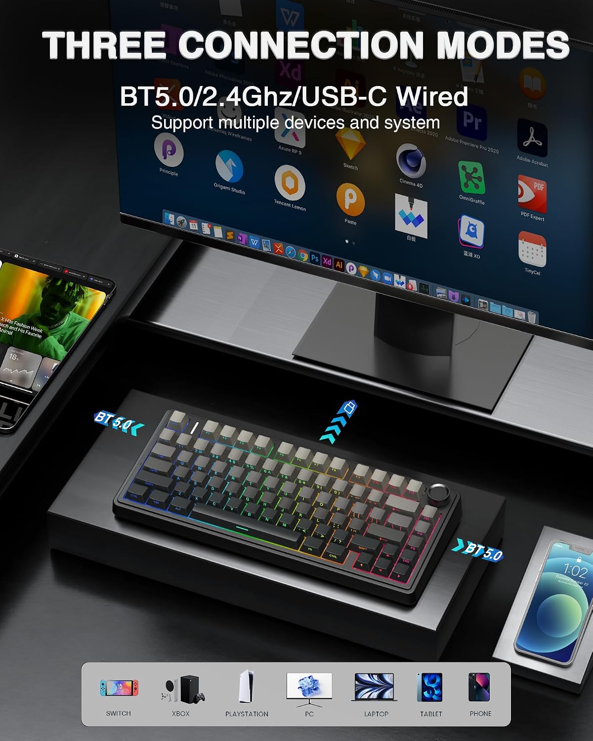 TECLADO MECÁNICO AULA F75 PRO INALÁMBRICO 75% RGB CON PERILLA DE CONTROL - 3