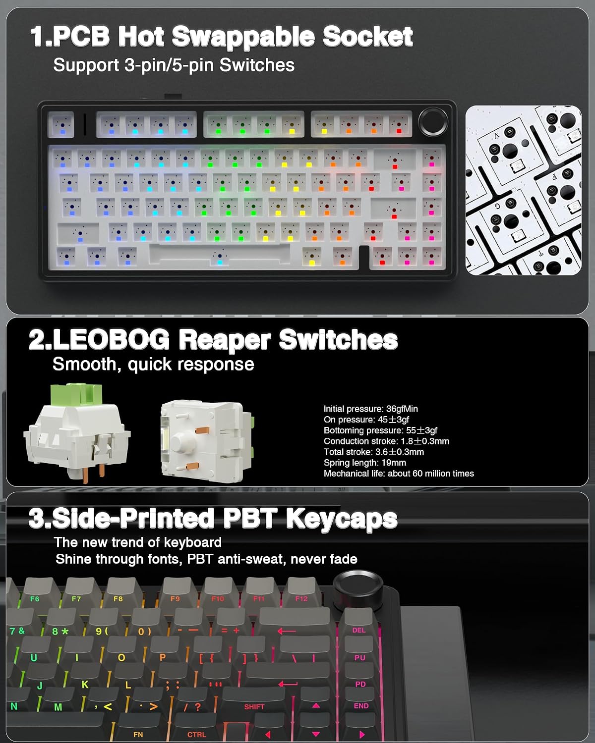 TECLADO MECÁNICO AULA F75 PRO INALÁMBRICO 75% RGB CON PERILLA DE CONTROL - 5