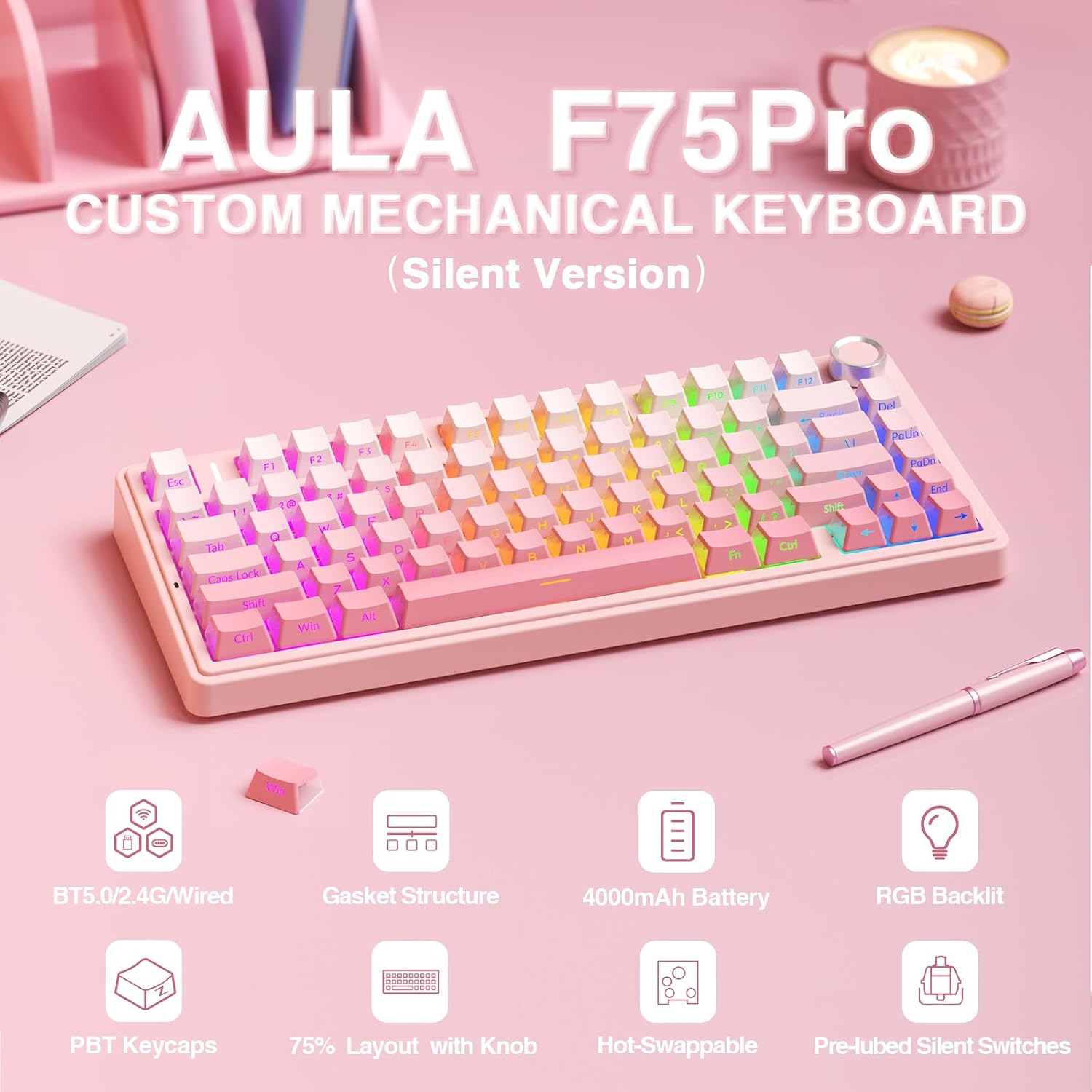 TECLADO MECÁNICO AULA F75 PRO INALÁMBRICO 75% SILENCIOSO ROSA - 2
