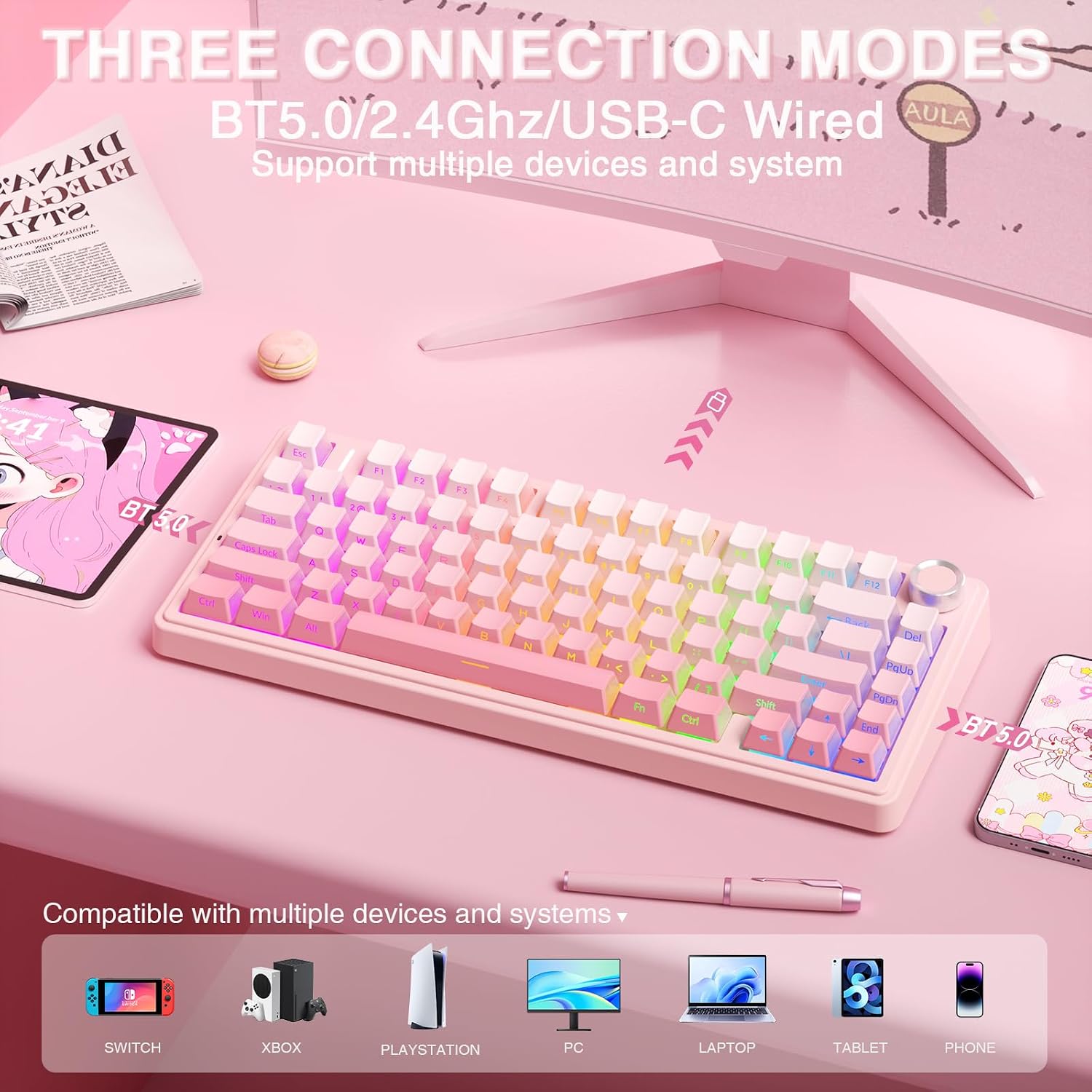 TECLADO MECÁNICO AULA F75 PRO INALÁMBRICO 75% SILENCIOSO ROSA - 3