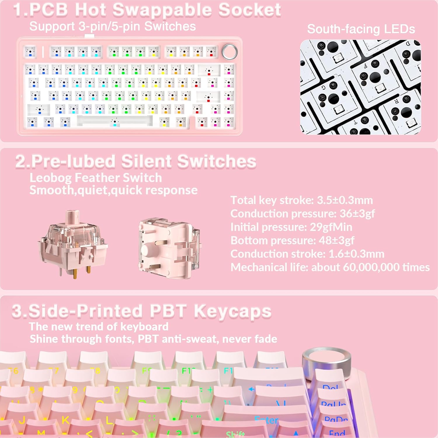 TECLADO MECÁNICO AULA F75 PRO INALÁMBRICO 75% SILENCIOSO ROSA - 5