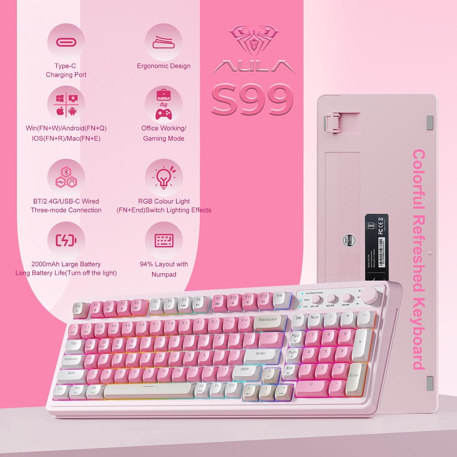 TECLADO GAMER AULA S99 INALÁMBRICO MEMBRANA RGB CREMA - 2