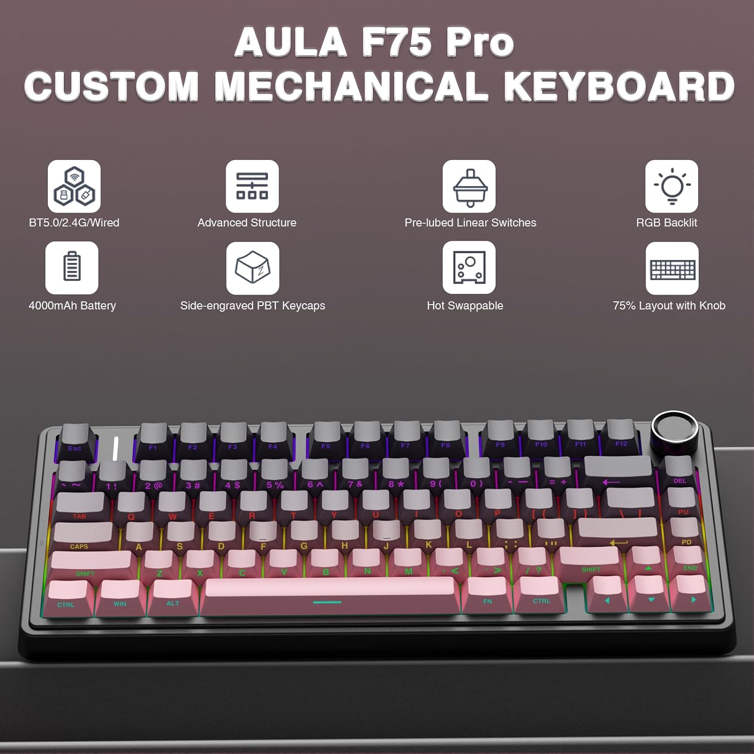 TECLADO MECÁNICO AULA F75 PRO INALÁMBRICO 75% ROSA Y NEGRO - 2