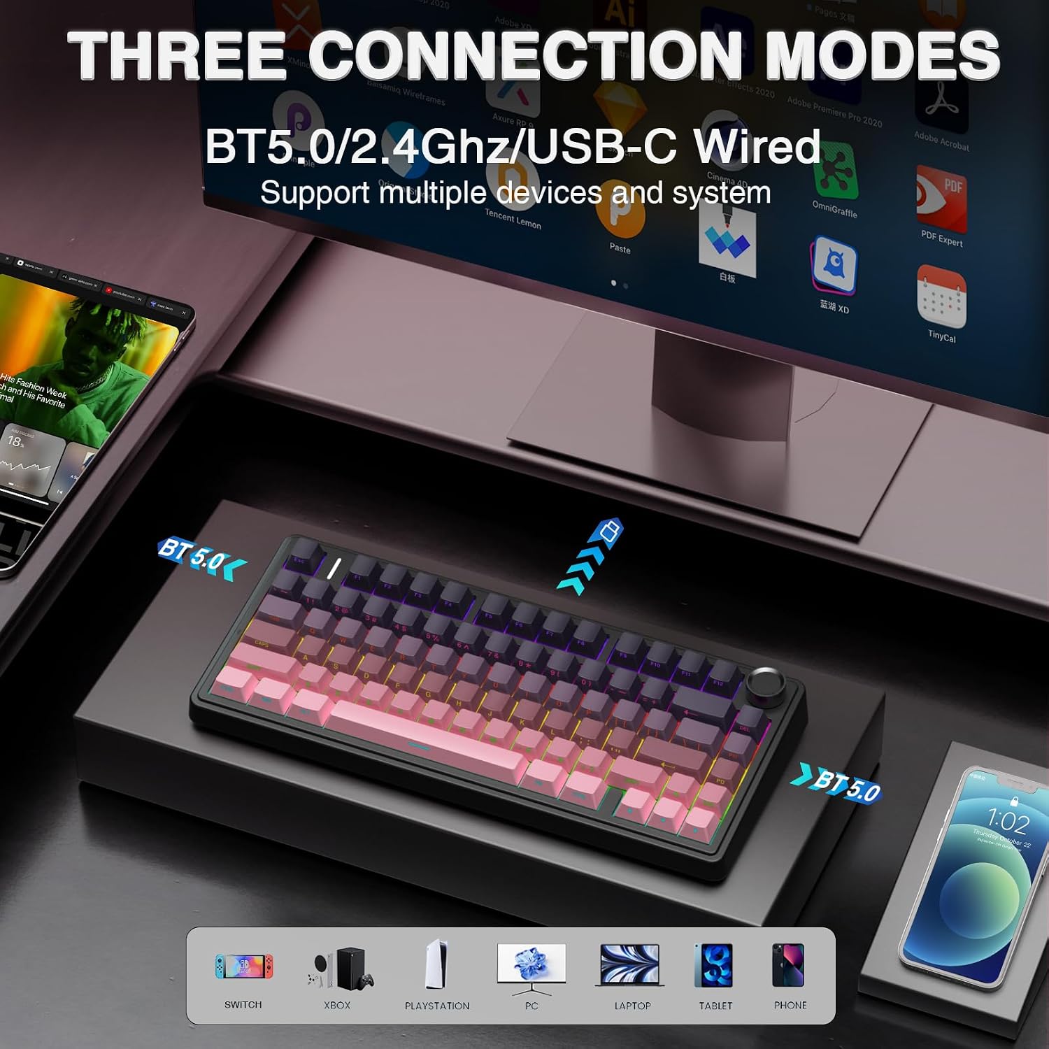 TECLADO MECÁNICO AULA F75 PRO INALÁMBRICO 75% ROSA Y NEGRO - 3